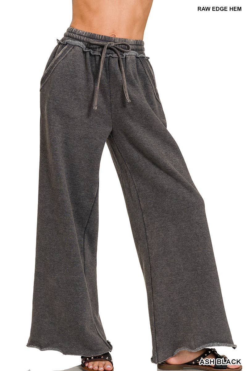 Ash Black - Acid Wash Fleece Palazzo Sweatpants With Pockets