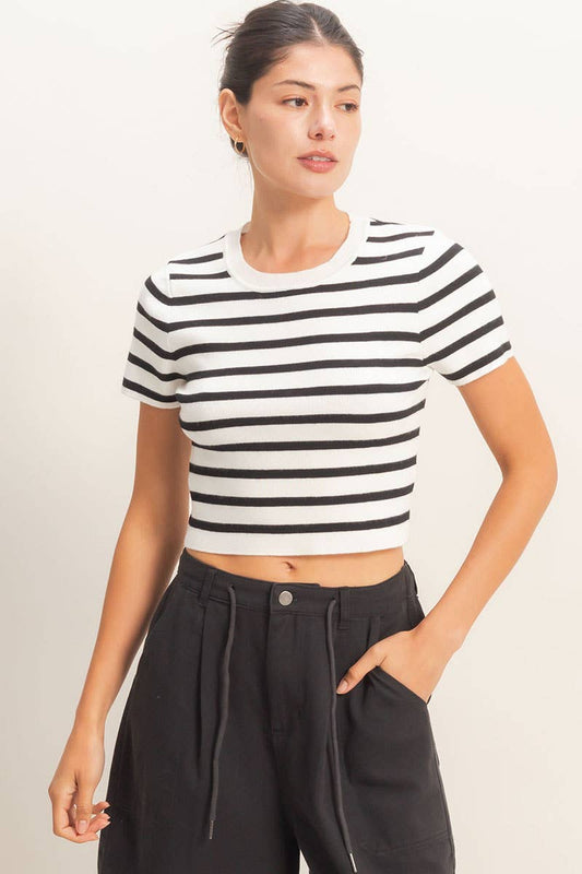 Striped And Knit Crew Neck Crop Top
