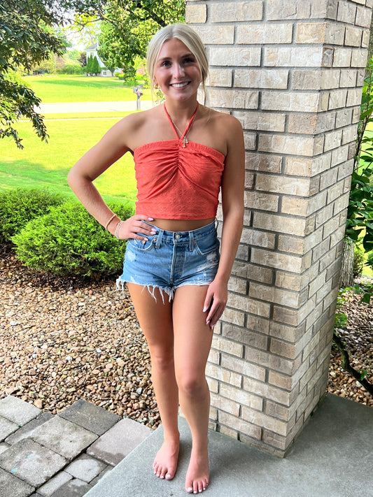 ALL EYES ON ME KNIT EYELET HALTER TOP