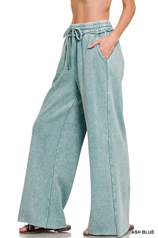 Ash Blue - Acid Wash Fleece Palazzo Sweatpants With Pockets